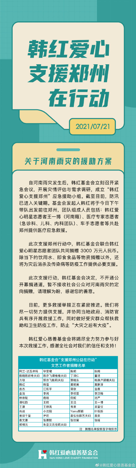 王一博随韩红爱心基金会驰援河南 明星共同捐赠3000万元人民币