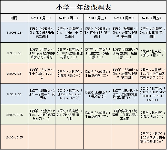 空中课堂课表空中课堂课表一年级小学空中课堂课程表