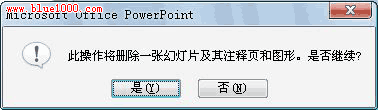 “此操作将删除一张幻灯片及其注释页和图形，是否继续?”选项